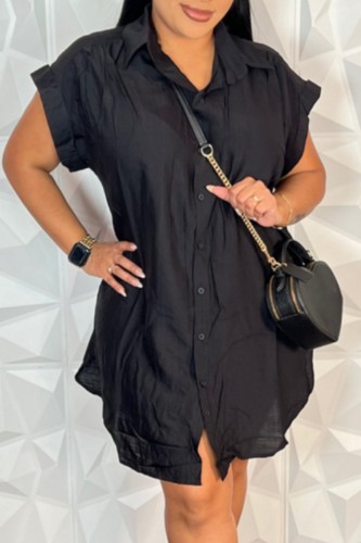 Casual Solid Color Buttons Turndown Collar Shirt Short Sleeve Dress
