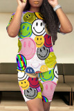 Casual Smiley Face Print Contrast O Neck Short Sleeve Two Pieces