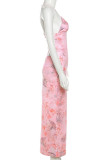 Sexy Print Backless Patchwork Spaghetti Strap Sling Dresses