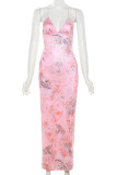 Sexy Print Backless Patchwork Spaghetti Strap Sling Dresses