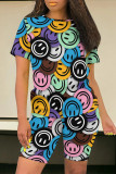 Casual Smiley Face Print Contrast O Neck Short Sleeve Two Pieces