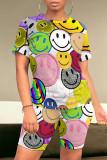 Casual Smiley Face Print Contrast O Neck Short Sleeve Two Pieces