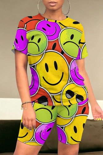 Casual Smiley Face Print Contrast O Neck Short Sleeve Two Pieces