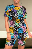 Casual Smiley Face Print Contrast O Neck Short Sleeve Two Pieces