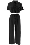 Street Solid Patchwork Pocket Turndown Collar Short Sleeve Two Pieces