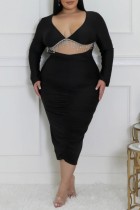 Sexy Party Formal Solid Color Fringed Trim Hollow Out V Neck Evening Plus Size Dresses