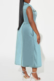 Casual Solid Color With Belt Turndown Collar Denim Plus Size Dresses