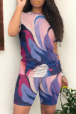 Casual Geometric Print Contrast O Neck Short Sleeve Two Pieces