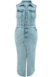 Casual Daily Solid Color Slit Turndown Collar Denim Plus Size Dresses