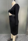 Sexy Party Formal Solid Color Fringed Trim Hollow Out V Neck Evening Plus Size Dresses