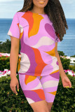 Casual Geometric Print Contrast O Neck Short Sleeve Two Pieces