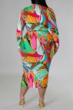 Casual Floral Print Basic O Neck Long Sleeve Plus Size Dresses
