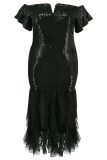 Sexy Celebrities Formal Patchwork Sequins Off Shoulder Wrapped Skirt Plus Size Dresses