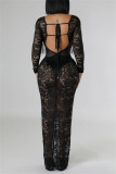 Sexy Solid Color Lace Fringed Trim Lace Up See-Through Backless Deep V Neck Long Dresses