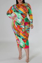 Casual Floral Print Basic O Neck Long Sleeve Plus Size Dresses