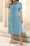 Casual Daily Solid Color Pocket Patchwork Turndown Collar Denim Plus Size Dresses
