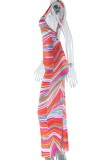 Casual Daily Striped Print Backless Slit U Neck Long Dresses