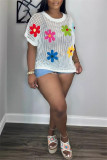 Sexy Casual Flowers Patchwork Hollow Out See-Through O Neck T-Shirts