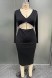 Sexy Party Formal Solid Color Fringed Trim Hollow Out V Neck Evening Plus Size Dresses