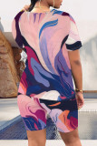 Casual Geometric Print Contrast O Neck Short Sleeve Two Pieces