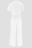 Street Solid Patchwork Pocket Turndown Collar Short Sleeve Two Pieces