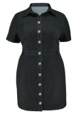 Casual Daily Solid Color Buttons Patchwork Turndown Collar Denim Plus Size Dresses