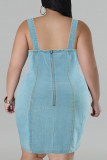 Sexy Casual Daily Solid Color Backless Zipper Patchwork Spaghetti Strap Denim Plus Size Dresses
