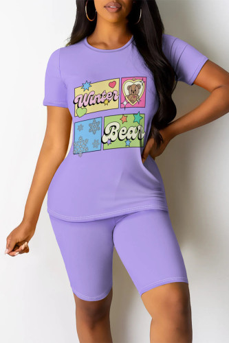 Casual Daily Cartoon Print Contrast O Neck Short Sleeve Two Pieces