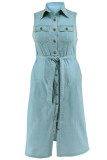 Casual Solid Color With Belt Turndown Collar Denim Plus Size Dresses