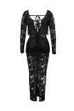 Sexy Solid Color Lace Fringed Trim Lace Up See-Through Backless Deep V Neck Long Dresses