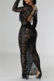 Sexy Solid Color Lace Fringed Trim Lace Up See-Through Backless Deep V Neck Long Dresses