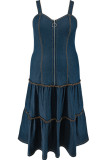 Casual Daily Solid Color Zipper Patchwork Spaghetti Strap Denim Plus Size Dresses