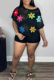 Sexy Casual Flowers Patchwork Hollow Out See-Through O Neck T-Shirts