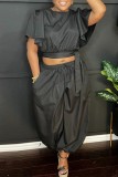 Casual Solid Color Lace Up O Neck Short Sleeve Two Pieces