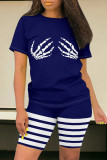 Casual Daily Skull Finger Letter Print Stripe O Neck Short Sleeve Two Pieces