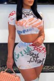 Casual Daily Letter Print Graffiti O Neck Short Sleeve Two Pieces