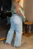 Casual Daily Solid Color Ripped High Waist Straight Denim Jeans