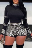 Sexy Party Nightclub Hot Drilling Patchwork Half A Turtleneck Skinny Rompers