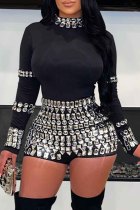 Sexy Party Nightclub Hot Drilling Patchwork Half A Turtleneck Skinny Rompers