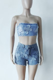 Sexy Embroidery Pocket Buttons Zipper Patchwork Strapless Sleeveless Two Pieces