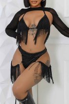 Sexy Solid Color Fringed Trim Lace Up Backless Halter Long Sleeve Three Piece Set