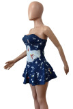 Sexy Tie Dye Backless Patchwork Ruffle Irregular Hem Strapless Sleeveless Regular Denim Dresses