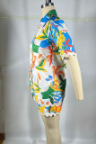 Casual Print Buckle Patchwork Turndown Collar Half Sleeve Two Pieces