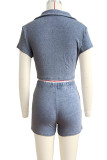 Casual Solid Color Patchwork V Neck Short Sleeve Two Pieces