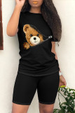 Casual Cartoon Print Letter Print O Neck Short Sleeve Two Pieces