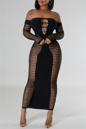 Sexy Solid Color Hollow Out See-Through Backless Off Shoulder Long Dresses