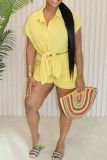 Casual Solid Color Buckle Patchwork Turndown Collar Short Sleeve Two Pieces