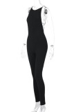 Sexy Casual Hot Solid Color Metal Accessories Trim Backless O Neck Skinny Jumpsuits