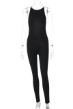 Sexy Casual Hot Solid Color Metal Accessories Trim Backless O Neck Skinny Jumpsuits
