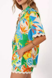 Casual Print Buckle Patchwork Turndown Collar Half Sleeve Two Pieces